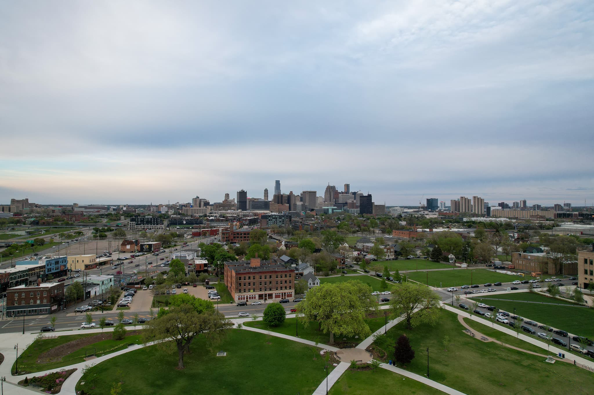 Aerial view of the downtown Detroit skyline in Metro Detroit, Michigan